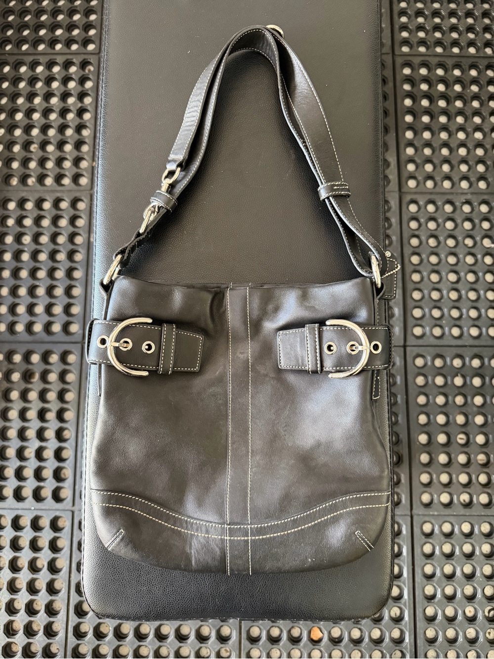 Coach Black Leather Shoulder Bag with Buckle Accents